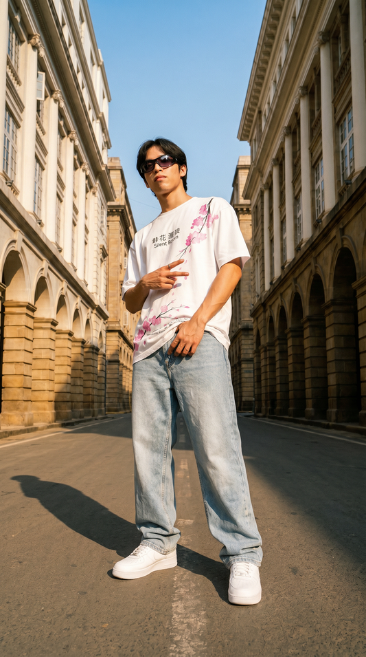 White streetwear tee with Japanese cherry blossom motif and symbolic detailing