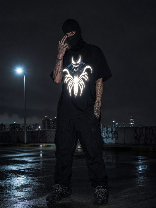 Dark graphic streetwear tee styled for Indian climate and everyday wear