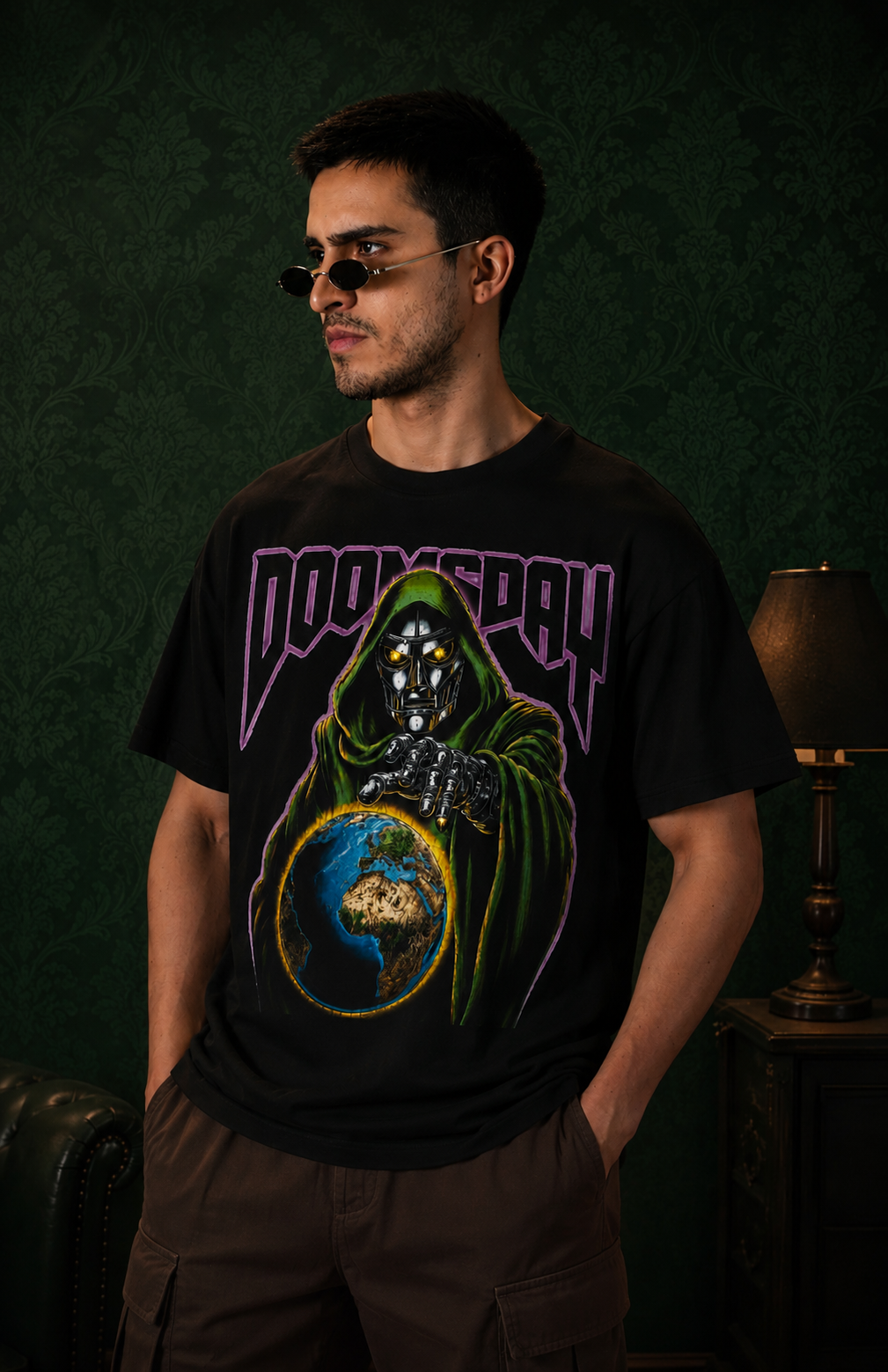 Dark villain-aesthetic oversized graphic tee in black and purple
