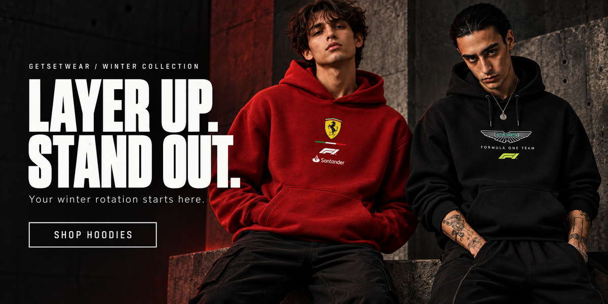 Layer up. Stand out. Getsetwear winter collection featuring red and black F1 hoodies.